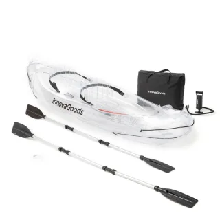 Innovagoods Kayak Inflable para 2 Personas - Bomba Manual - Soporta hasta 180kg - Incluye Accesorios - Bolsa de Transporte - 2 Remos Desmontables - 312x100x51cm - Color Transparente y Negro