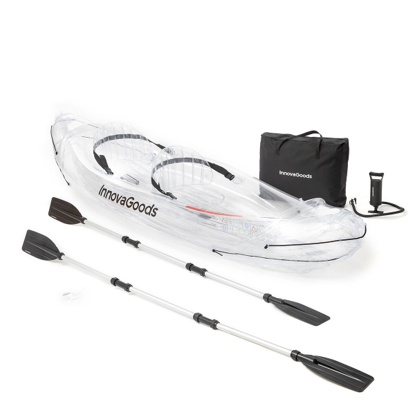 Innovagoods Kayak Inflable para 2 Personas - Bomba Manual - Soporta hasta 180kg - Incluye Accesorios - Bolsa de Transporte - 2 Remos Desmontables - 312x100x51cm - Color Transparente y Negro