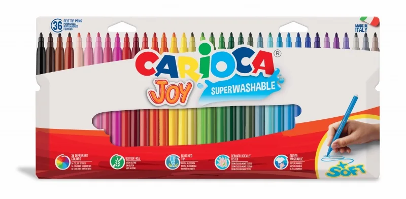 Carioca Joy Superlavable Pack de 36 Rotuladores - Punta Fina 2.8mm - Punta Bloqueada - Tapa Ventilada - Colores Surtidos