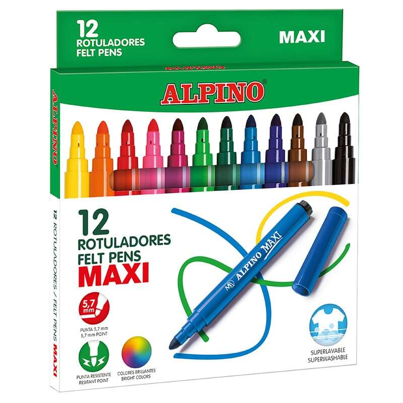 Alpino Maxi Pack de 12 Rotuladores Gruesos - Punta de 6mm - Superlavables, Resistentes, Duraderos y de Colores Brillantes - Ideal para Uso Escolar - Colores Surtidos