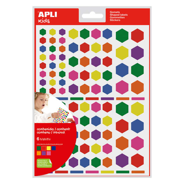 Apli Gomets Hexagonales Removibles - 3 Tamaños Surtidos - 624 Gomets por Bolsa - Desarrollo de Habilidades y Creatividad - Colores: Verde, Amarillo, Lila, Rojo, Naranja, Rosa y Azul · Pack d