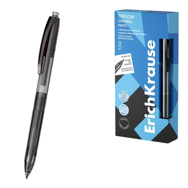 ErichKrause TipFlow Matic Original Boligrafo Retractil - Punta de 0.5mm - Cuerpo Transparente - Trazo 0.4mm - Color Negro · Pack de 12 uds.