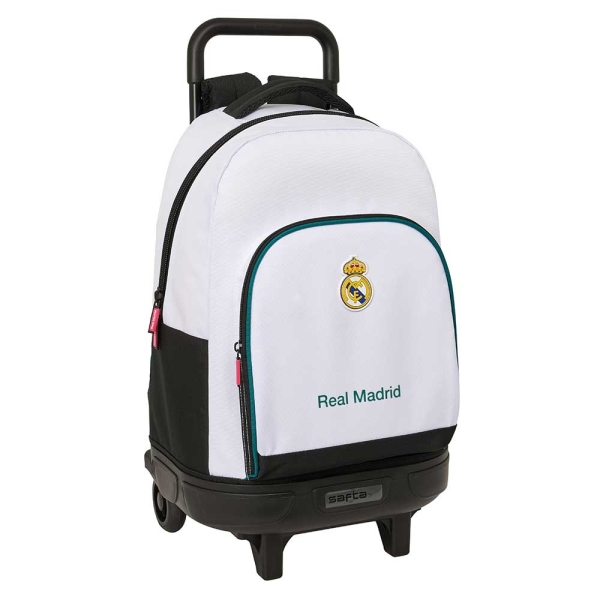 Safta Real Madrid Equipacion 26/27 Mochila con Carro - Extraible - 33L - Portabotellas - Tarjeta de Identificacion Personal - Doble Tirador - Asa - Bolsillo Frontal - 33x45x22cm - Color Blanco y Negro
