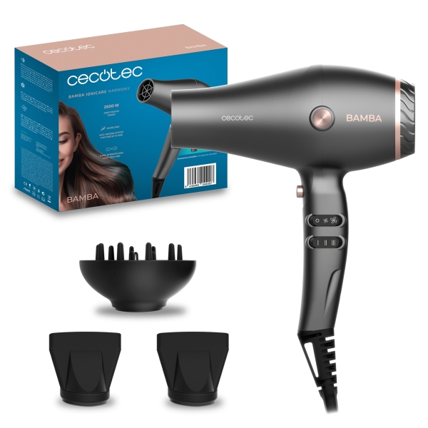 Cecotec IoniCare Harmony Secador de Pelo - Potencia 2600W - Tecnologia con Iones - Temperatura Regulable - 2 Concentradores - Difusor - Cable de 1.8m - Velocidad Ajustable - Color Gris Oscur