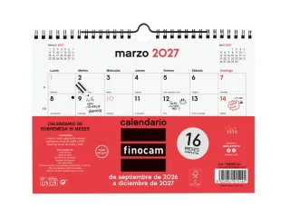 Finocam Neutro Calendario de Pared - 16 Meses - Mes Vista - Formato S - 210x150mm - Espiral Doble Metalica - Papel de 120g/m2 - Listado de Festivos - Color Rojo/Blanco