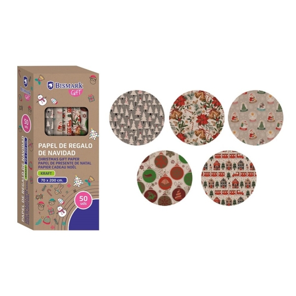 Bismark Kraft Navidad Rollo de Papel Kraft Regalo - Medidas 70cmx200cm - 5 Diseños Diferentes · Pack de 50 uds.