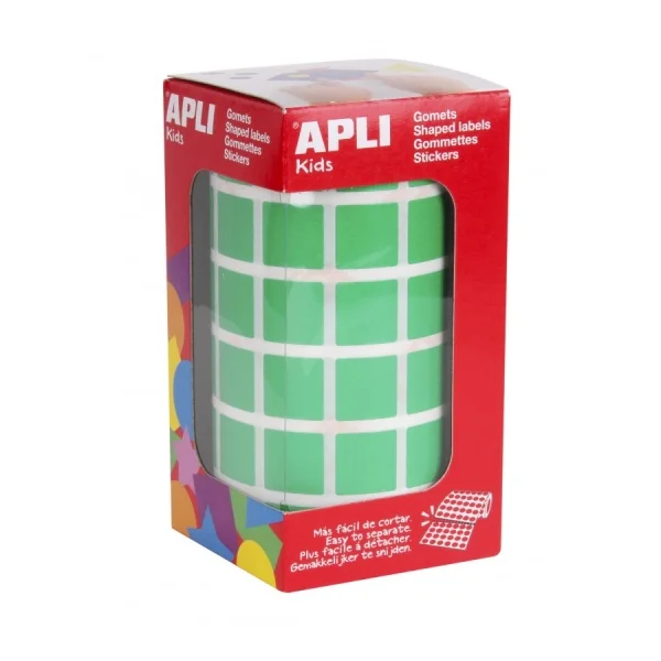 Apli Rollo de 2.832 Gomets Cuadrados 15 x 15mm - Adhesivo Permanente Base Agua - Libre de Disolventes - Color Verde