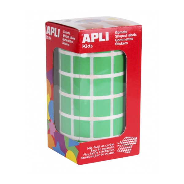 Apli Rollo de 2.832 Gomets Cuadrados 15 x 15mm - Adhesivo Permanente Base Agua - Libre de Disolventes - Color Verde