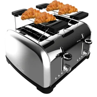 Cecotec Toastin' Time 1700 Double Tostadora de 4 Ranuras Anchas - 1700W - Calienta Panecillos - Autocentrado - Bandeja Recogemigas Extraible - Acero Inoxidable