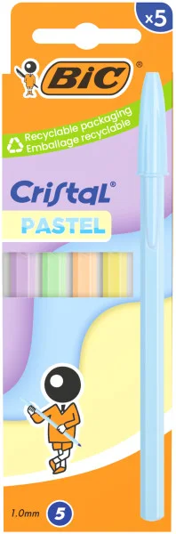 Bic Cristal Pastel Pack con 5 Boligrafos de Bola - Cuerpo Opaco en Colores Pastel - Punta redonda de 1mm - Trazo 0.4mm - Tinta con Base de Aceite - Color de la Tinta Azul