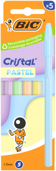 Bic Cristal Pastel Pack con 5 Boligrafos de Bola - Cuerpo Opaco en Colores Pastel - Punta redonda de 1mm - Trazo 0.4mm - Tinta con Base de Aceite - Color de la Tinta Azul