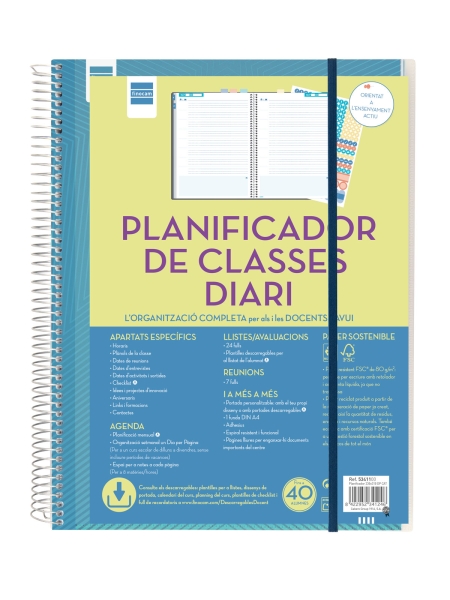 Finocam Organizacion Planificador de Clases sin Fechar en Catalan para Docentes - 1 Dia por Pagina - 230x310mm - Tapas de Polipropileno - Papel de 80g/m2 - Espiral Metalica - Color Azul