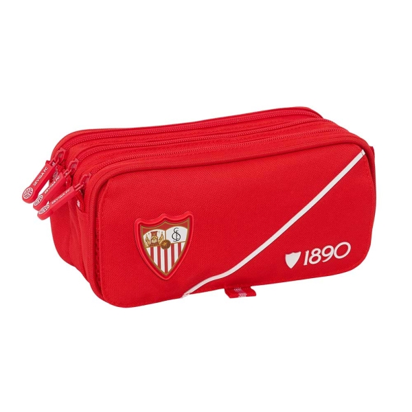 Safta Sevilla FC Portatodo - 3 Compartimentos con Cremallera - Cinta Trasera Adaptable - Bolsillo Frontal de Rejilla con Velcro - 21.5x10x8cm - Color Rojo
