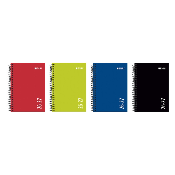 Enri Agenda Escolar con Espiral - Castellano - Tapa Extradura - Formato Cuartilla - Semana Vista - Acabado Brillante - Colores Surtidos · Pack de 4 uds.