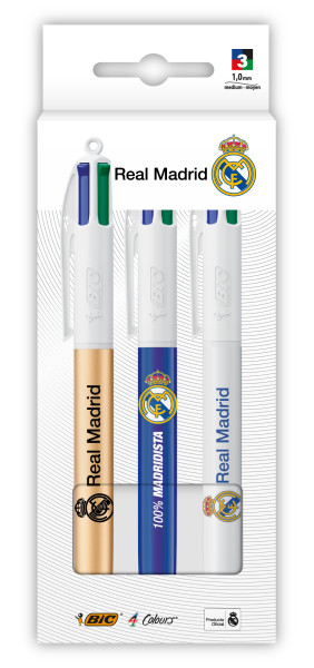 Bic 4 Colours Real Madrid CF Pack con 3 Boligrafos de Bola Retractil - 3 Diseños Diferentes - Punta Media de 1.0mm