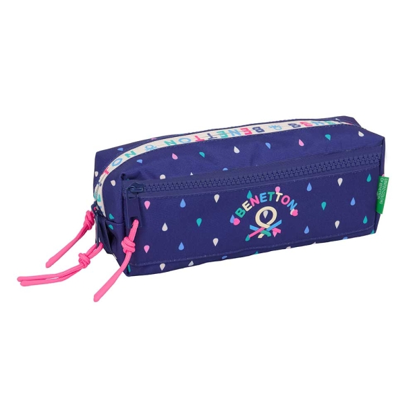 Safta Benetton Drop Portatodo - 3 Compartimentos con Cremalleras - Goma Elastica - 0.98L - 220x60x85mm - Color Azul Oscuro