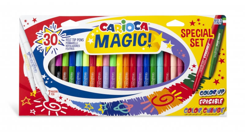 Carioca Magic Markers Pack de 30 Rotuladores Magicos - Tinta Magica Cambia de Color - Incluye Rotulador Magink para Cambiar o Borrar Colores - Punta Maxi Bloqueada con Tapa Ventilada - Color