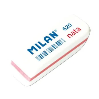 Milan Nata 620 Goma de Borrar Biselada Pequeña - Plastico Suave - No Abrasiva - Color Blanco con Ribete de Colores Surtidos · Pack de 20 uds.