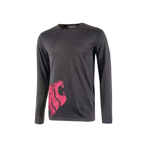Upower Alien Camiseta de Manga Larga de Algodon - Talla 2XL - Corte Ajustado, Cuello Redondo Acanalado, Impresion Serigrafica Cabeza de Leon, Proteccion DPI1 - Color Gris Fucsia