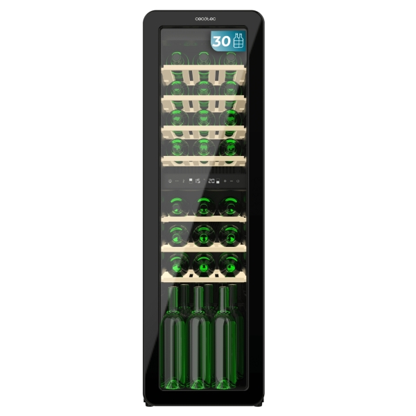 Cecotec Bolero GrandSommelier Origin Duo 30 Hit Black Vinoteca para 30 Botellas - Luz LED - Temperatura Regulable - Estilo Retro - Ventilador Interior - 120.5x36.6x47.6cm - Color Negro