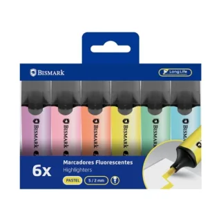 Bismark Long-Life Pack de 6 Marcadores Fluorescentes - Punta Biselada 2 - 5mm Aprox - Tinta Base de Agua - Larga Duracion - Colores Pastel Surtidos