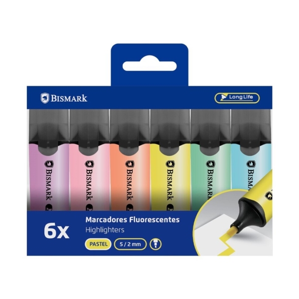 Bismark Long-Life Pack de 6 Marcadores Fluorescentes - Punta Biselada 2 - 5mm Aprox - Tinta Base de Agua - Larga Duracion - Colores Pastel Surtidos