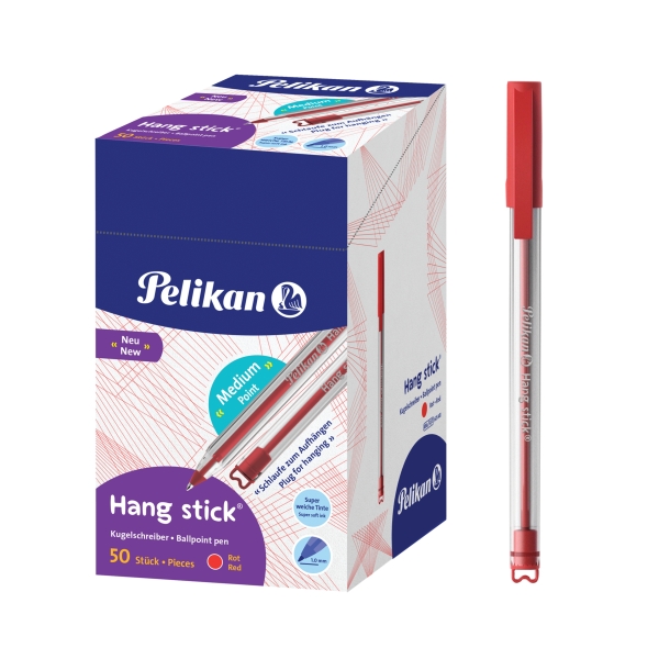 Pelikan Hang Stick Boligrafo de Bola - Trazo de 1mm - Capuchon Antiasfixia - Cuerpo Triangular Ergonomico - Gancho - Tinta a Base de Aceite - Color Rojo · Pack de 50 uds.