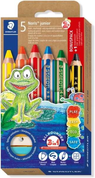 Staedtler Noris Junior Pack de 5 Lapices de Colores Extragruesos + Sacapuntas - 3 en 1, Lapiz, Cera y Acuarelable - Colores Surtidos