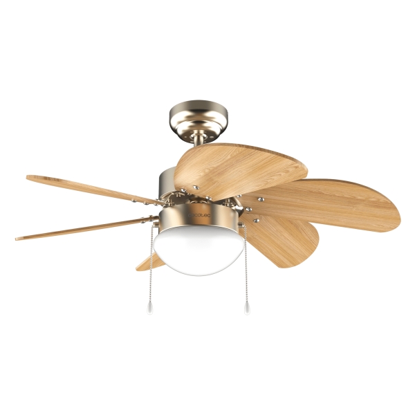 Cecotec EnergySilence Aero 360 GoldandWood Ventilador de Techo con 6 Aspas Reversibles y Lampara - 50W - Diametro de 36" - 3 Velocidades - Modo Invierno/Verano - Control por Cadena - Color Dorado