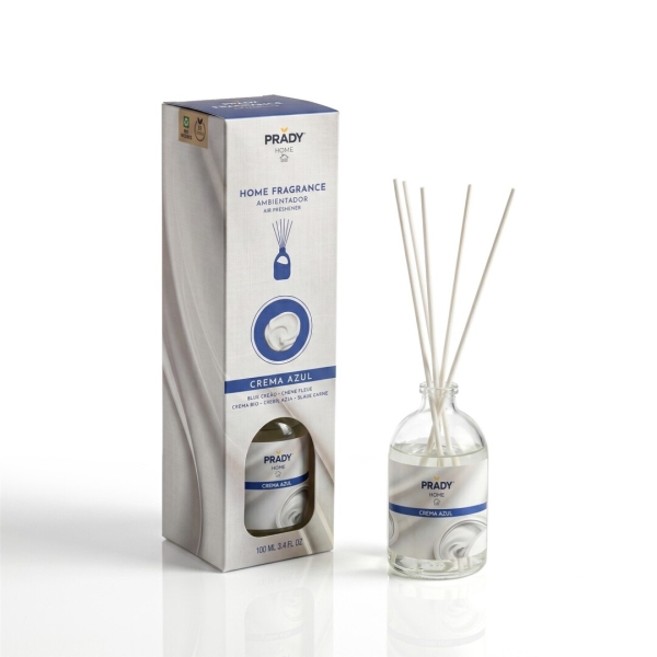 Prady Ambientador Mikado Crema Azul - Frasco de Cristal 100ml y Varitas Difusoras