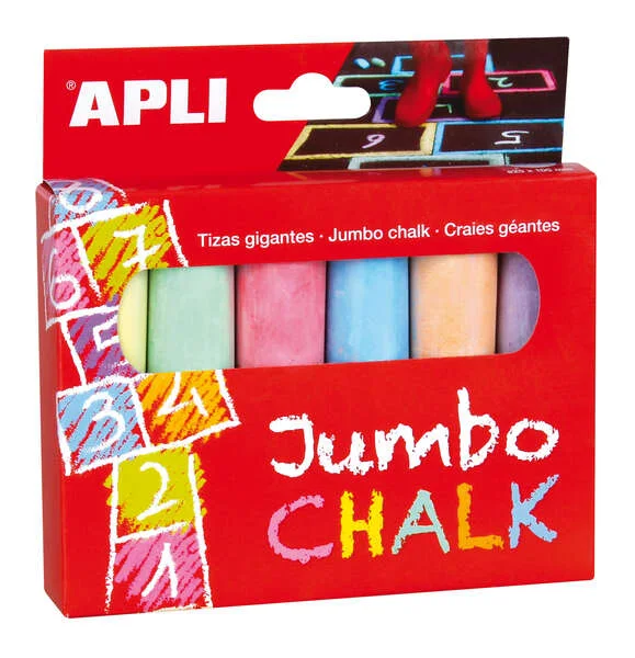 Apli Tizas Redondas Jumbo de Colores Surtidos - Tamaño Ø 25 x 105mm - Fabricadas con Sulfato de Calcio Bajo en Residuo - Ideales para Escribir, Dibujar y Colorear en Pizarras y Pavimentos - Aptas para Uso Escolar