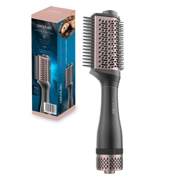 Cecotec Bamba CeramicCare Unique Triangle Cepillo Alisador 5 en 1 - 1200W - Control de Temperatura - Cerdas Desenredantes - Funcion de Volumen - Tecnologia de Iones - Pantalla Digital - Colo