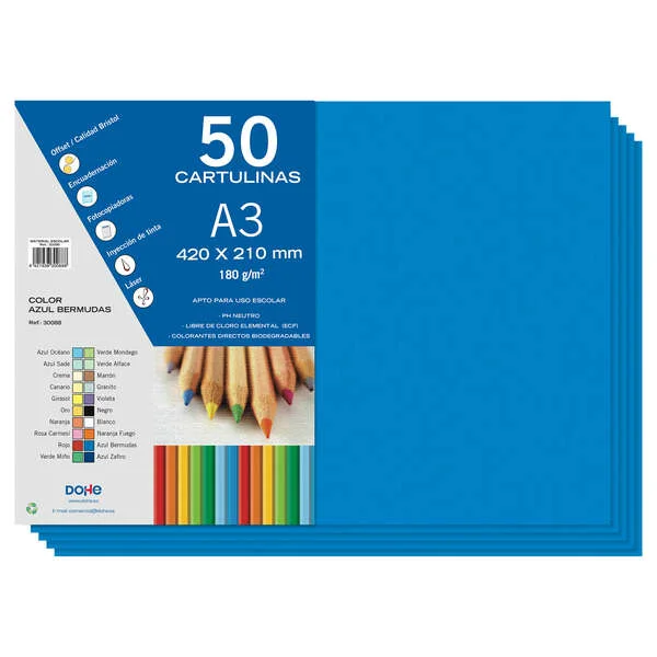 Dohe Pack de 50 Cartulinas A3 de 180gr - Con PH Neutro - Libres de Cloro Elemental - Color Azul Bermudas