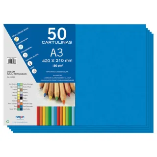 Dohe Pack de 50 Cartulinas A3 de 180gr - Con PH Neutro - Libres de Cloro Elemental - Color Azul Bermudas