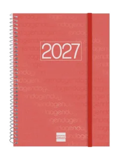 Finocam Espiral Basics Year Agenda - Anual 2027 - Semana Vista Horizontal - Formato E10 - 155x212mm - Espiral - Tapa de Polipropileno - Esquinas Microperforadas - Papel de 80g/m2 - Color Roj