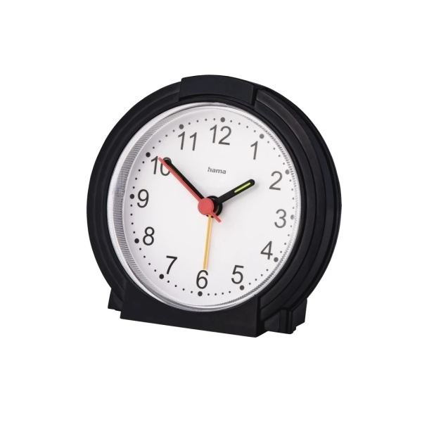 Hama Classic Reloj Despertador Analogico - Manecillas y Numeros Fluorescentes - Funciona con 1 Pila AA - 9.5x3.8cm - Color Negro