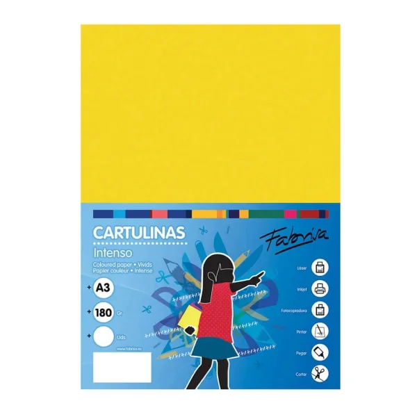 Fabrisa Pack de 25 Cartulinas 180 g/m² - Tamaño A3 - Color Amarillo Fuerte