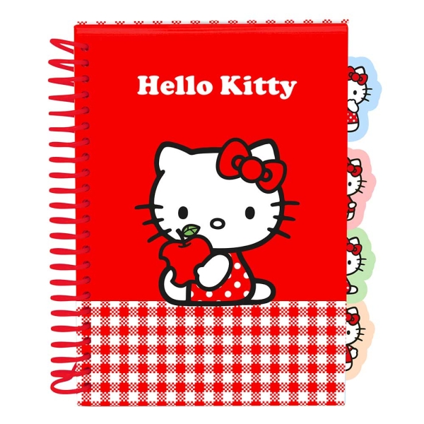 Safta Hello Kitty Bloc de Notas - Formato A5 - 80 Hojas de 80 g/m2 - Espiral - Tapas Duras - 4 Separadores Interiores - 14.8x2.1cm - Color Rojo y Blanco