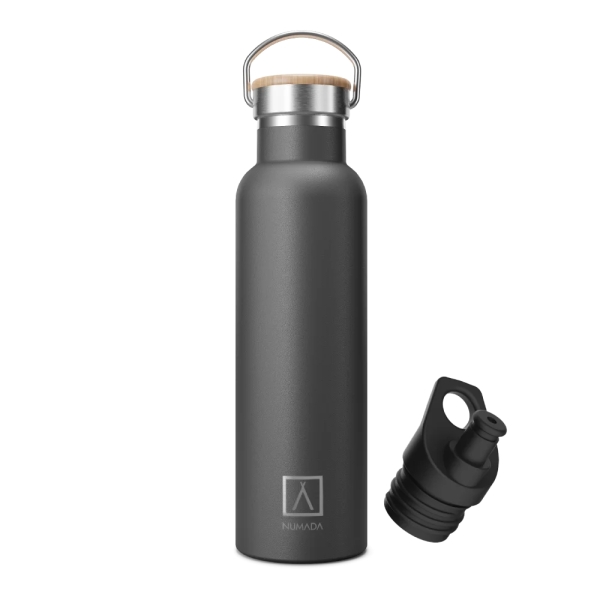 Numada Mibbot Botella Termica - Capacidad de 600ml - Tapon Deportivo - Bolsa de Neopreno - 5 Capas - Libre de BPA - Boca Ancha - Cierre Estanco - 26.2x7.1cm - Color Negro