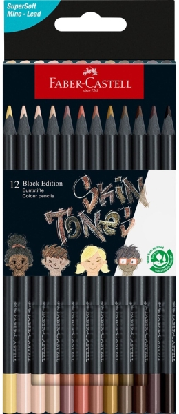 Faber-Castell Black Edition Skin Tones Pack de 12 Lapices de Colores Tonos de Piel - Mina Supersuave - Madera Negra - Ideales para Dibujo sobre Papel Claro, Oscuro y de Colores - Colores Sur