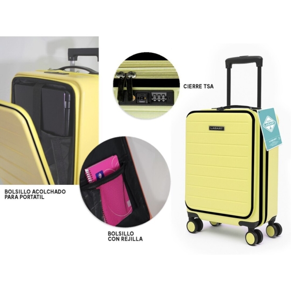 Lagart Maleta Trolley Pocket de Cabina Rigida 20” 55x34x25cm - Compartimento Frontal Acolchado para Portatil - Cierre TSA - Ruedas Dobles 360º - Color Amarillo Pastel