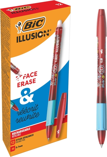 Bic Illusions Boligrafo Borrable - Punta Media de 0.7mm - Grip de Goma - Recargable - Color Rojo · Pack de 12 uds.