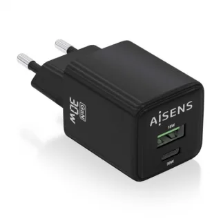 Aisens Cargador Gan USB-C 30W - Alta Eficiencia Energetica - Tecnologia AI para Carga Rapida - Multiples Protecciones de Seguridad - Compatible con USB-C y USB-A - Carga Simultanea de 2 Disp