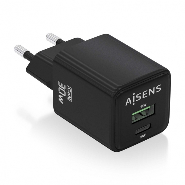 Aisens Cargador Gan USB-C 30W - Alta Eficiencia Energetica - Tecnologia AI para Carga Rapida - Multiples Protecciones de Seguridad - Compatible con USB-C y USB-A - Carga Simultanea de 2 Disp