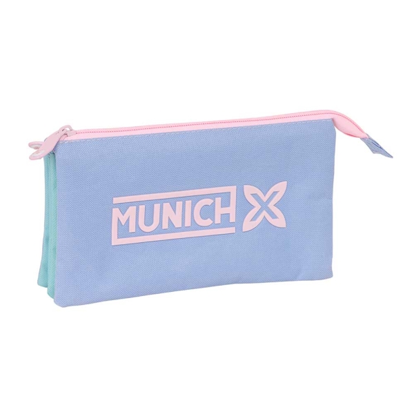 Safta Munich Mellow Portatodo - 3 Compartimentos con Cremalleras - Bolsillo Interior - 0.6L - 220x30x120mm - Color Azul Claro