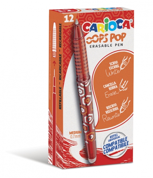 Carioca Oops Pop Boligrafos Borrables - Tinta Termo Sensible - Empuñadura Texturizada - Punta de 0.7mm - Doble Goma - Recambios Compatibles - Color Rojo · Pack de 12 uds.