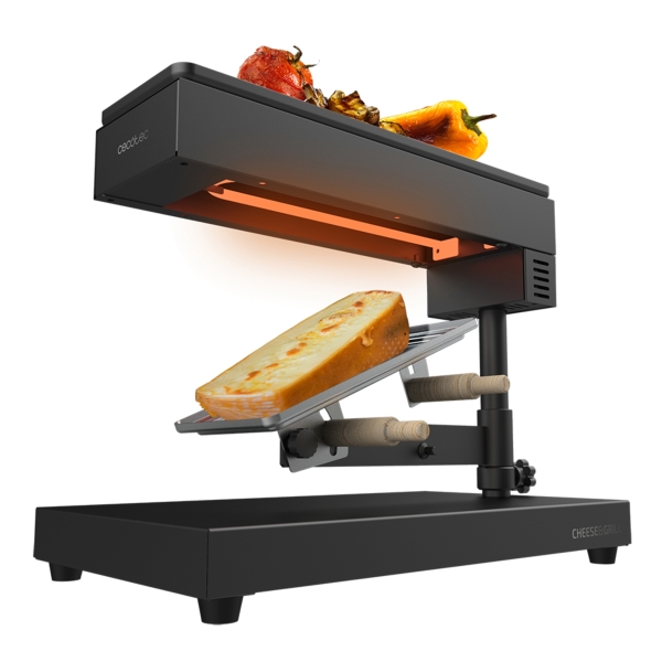 Cecotec Cheese and Grill 6000 Pro Raclette con Funcion Grill - 600W - Acero Inoxidable Duradero - Espatulas de Madera - Termostato - Parrilla Antiadherente - Mango Reclinable - Compacto - Co