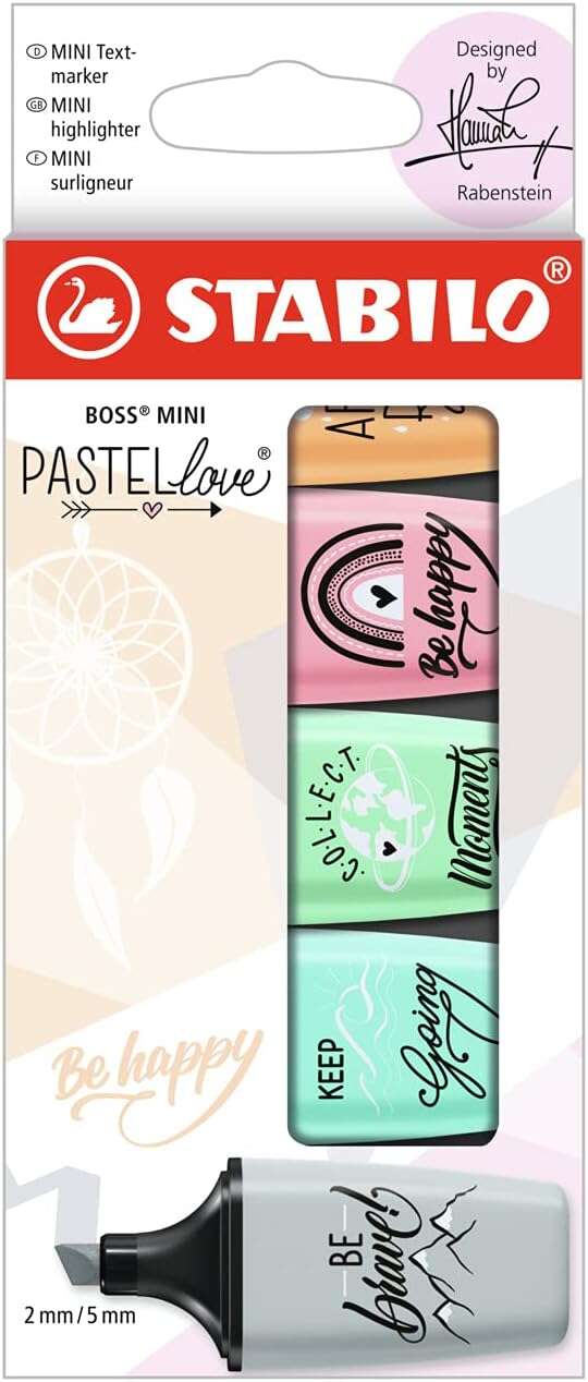 Stabilo Boss Mini Pastellove Pack de 5 Marcadores Fluorescentes - Trazo entre 2 y 5mm - Tinta con Base de Agua - Antisecado - Colores Rosa, Naranja, Verde, Gris, y Turquesa