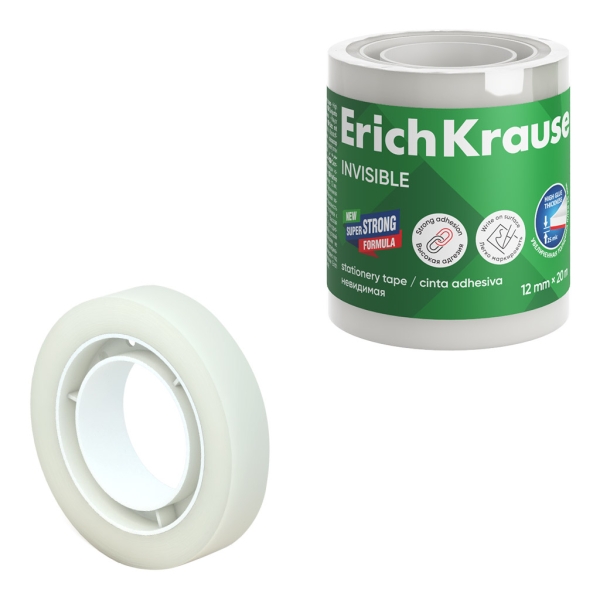 ErichKrause Cinta Adhesiva Invisible 12mmx20m - Superficie Mate - Apta para Escribir Encima - Transparente · Pack de 4 uds.