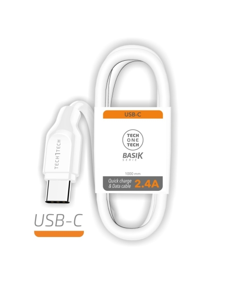 TechOneTech Cable BASIK USB-A Macho a USB-C Macho 1m - Recubierto Nylon Trenzado Blanco